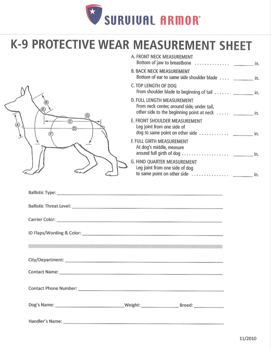 Sizing Charts for Male Body Armor & Female Body Armor